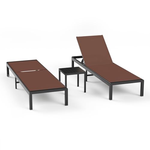 Patio Chaise Lounge Chair with Wheels, 2 PCS with Table,Brown | Aluminum alloy, lightweight. 5-position recliner each side. Quick-dry fabric. Built-in table. Poolside, deck, beach, garden.