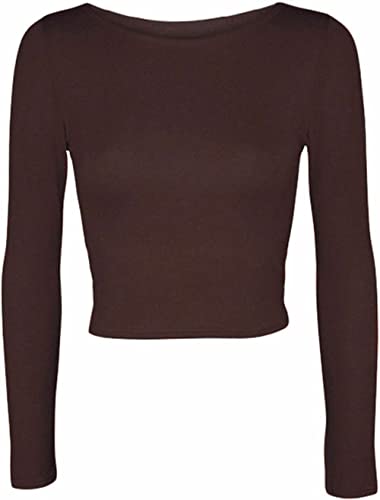 Image of Womens Crop Long Sleeve T Shirt Ladies Short Plain Round Neck Top Ladies Fitness Workout Running T Shirts Plain Cropped Tops (Chocolate Brown UK 12-14)