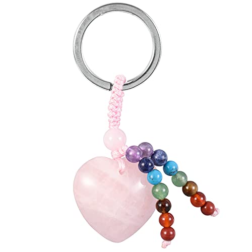 Amogeeli Porte-cléfs Coeur en Pierre de Cristal avec Frange en Pierre aux 7 Chakras, Chaîne de Clés en Quartz Amour, Breloque Suspendue Porte-bonheur pour Clés Sacs à Main, Quartz Rose