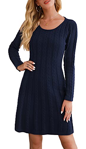 Neitooh Damen Strickkleid Pulloverkleid Elegant Winterkleider Langarm Einfarbige Rundkragen Minikleid Winter Langarm (Dunkles Blau,XL)