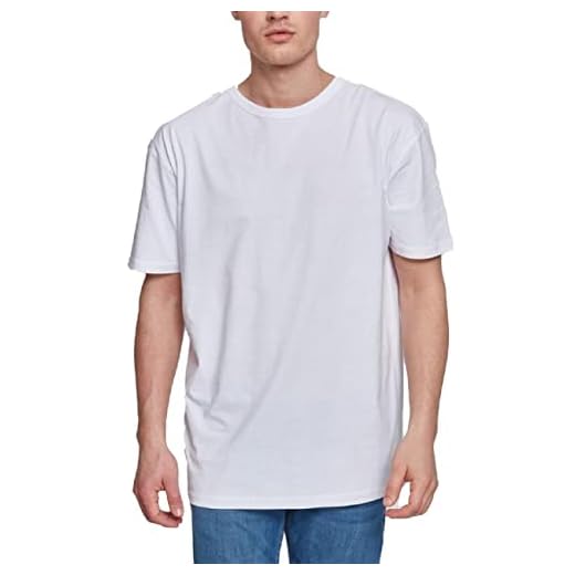 URBAN CLASSICS Herr överdimensionerad t-shirt, lång överdimensionerad T-shirt med rund hals och tappade axlar, enkel t-shirt för män, 100% bomull lång T-shirt, storlekar: S-5XL, Vitt, S