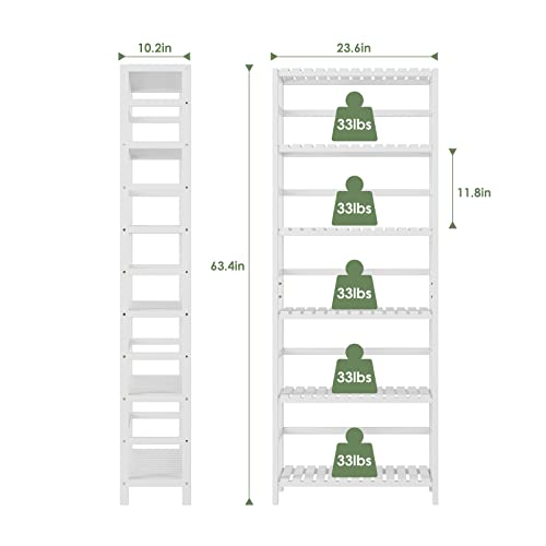 Bamjoy Bookshelf, 6 Tier Bamboo Shelf Adjustable Storage Shelves, Freestanding Tall Shelving Unit Plant Stand, Storage Rack For Bathroom Home Office Kitchen Living Room, 23.6W X 10.2D X 63.4H White #TOP2