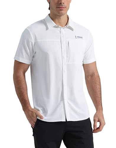 Pioneer Camp Men Fishing Shirts with Zipper Pocket UPF 50+ Lightweight Casual Short Sleeve Button Down Shirts for Men Hiking