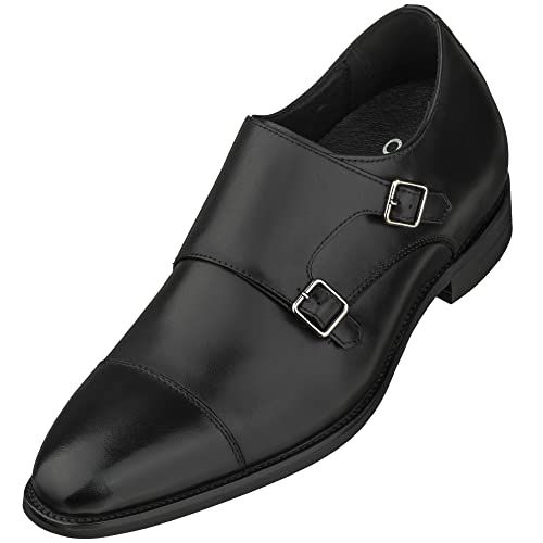 CALTO Men's Invisible Height Increasing Elevator Shoes - Black Premium Leather Slip-on Lightweight Casual Loafers - 3 Inches Taller - S3506 - Size 9 D(M) US