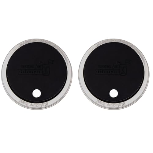 2 Pack, Black, Wide Mouth Silicone Straw Hole Tumbler and Fermentation Lids with Stainless Steel Bands by Mason Jar Lifestyle