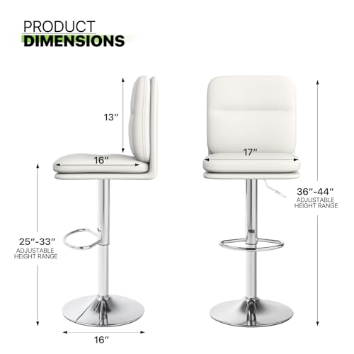 Magshion Set of 2 Adjustable White PU Leather Swivel Bar Stools for Kitchen and Dining Room