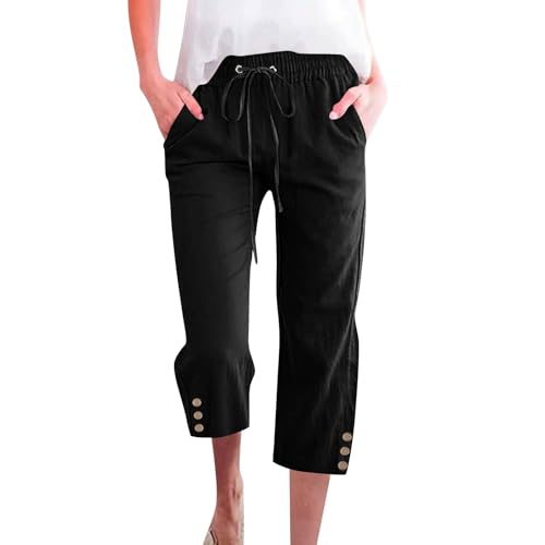 KIKX0DE Women Linen Capri Pants Ladies 2026 Summer Cotton Casual Straight Drawstring Elastic Waist Cropped Trousers Large Black