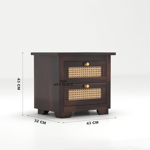 Image of Solid Sheesham Wood Bedside Table for Bedroom | Handmade Pure Wooden Bed Side Nightstand End Table with 2 Drawers Storage for Home & Bed Room | Rosewood, Walnut Finish