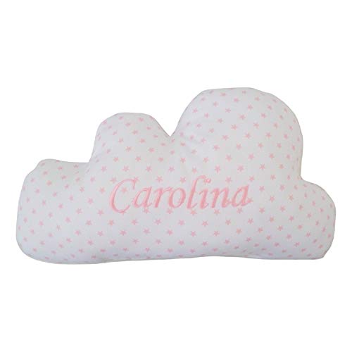 Conjunto Cojines Decorativos para bebé Bordados con el Nombre - Cojines Decorativos Cuna Grabados con Nombre - Cojines Infantiles Personalizados con Forma de Luna y Nube - Estrellas - Rosa - Nenel