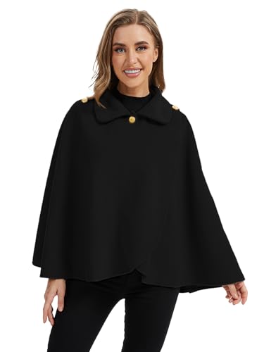 JFAN Poncho Damen Winter Warm Elegant Cape Cardigan Poncho mit Revers und Knöpfen für Herbst Winter,Schwarz