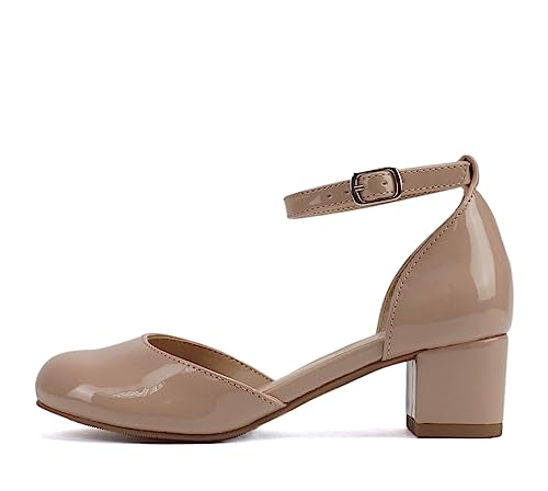 Soda “Roby-2” ~ Little Kids/Children/Girls Round Closed Toe Closed Back Counter Open Side Ankle Strap Low Block Heel Pump Shoe