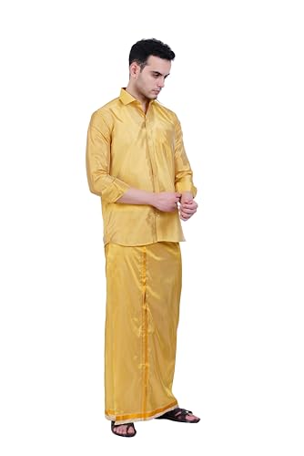 Image of PRAKASAM COTTON-Mens Art Silk Wedding Set /Art Silk 8 Mulam (8-Yard) Dhoti and Stitched Shirt for mens