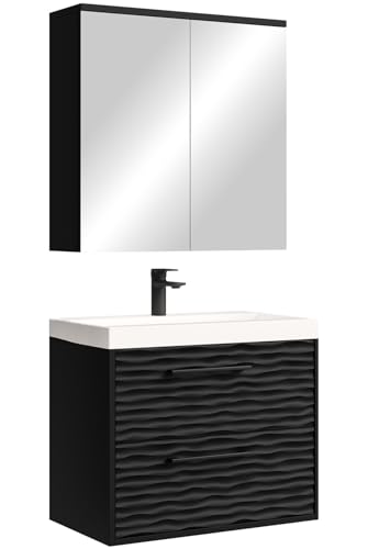 Badplaats Badmöbel Komplettset Etna 60 x 35 cm Schwarz Matt - Badezimmermöbel mit Waschbecken und Spiegelschrank