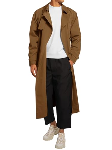 Runcati Mens Trench Coat Double Breasted Belted Windbreaker Jackets Lapel Lightweight Long Jacket Casual Overcoat