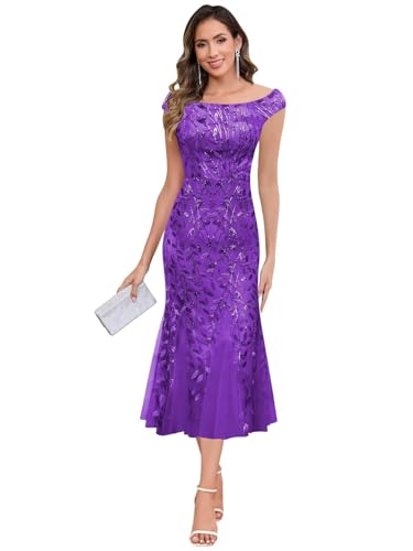 Purple Lace Sequin Mother of The Bride Dresses for Women Tea Length Off Shoulder Evening Formal...