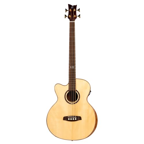 Ortega Guitars Bass Elektro-Akustisch Linkshänder – Medium Scale, mit Cutaway, Armrest – The Private Room Series – Massive Alaska Fichte / Gestreiftes Ebenholz, Hochglanz Natur (STRIPSU.ACB-L)