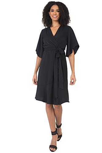 Standards & Practices Women's Wrap Dress Kimono Sleeve Ruffled Knee Length-Black