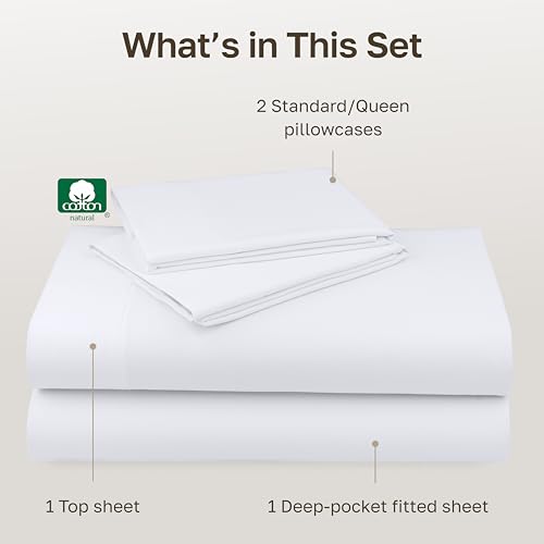 California Design Den Queen Sheet Set - Luxury 600 Thread Count Sateen, 100% Cotton Deep Pocket Queen Sheets with All Around Elastic, Snug Fit, Hotel Quality Bedding Set - White