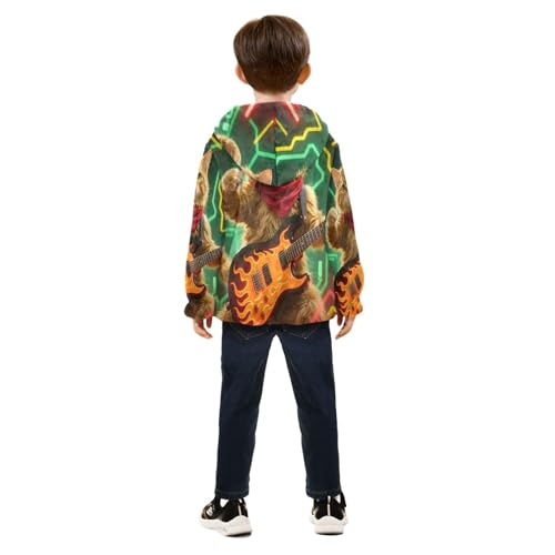 Cool Cat Playing Guitar Artwork Toddler Fleece Jacket Girl Boys Hooded Fleece Jacket Coat Warm Outwear Zip-up 3-10T4