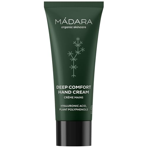 Crema de manos Deep Comfort de MÁDARA: crema de manos ultra hidratante con aloe, manteca de cacao y espino amarillo. Calma, suaviza y protege las manos secas y ásperas. Fórmula no grasa