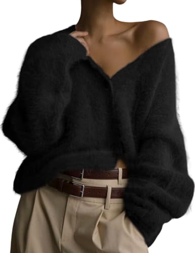Yimoon Suéter tipo cárdigan mullido para mujer, cuello en V, manga larga, con botones, suéter de punto peludo holgado 2024, Negro -, M