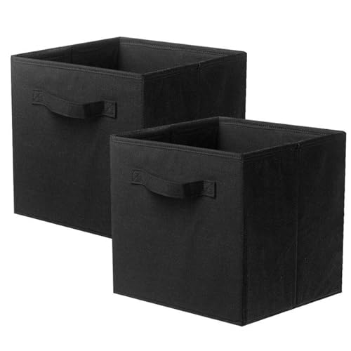 Kisstta Lot de 2 boîtes de rangement en tissu pliables en forme de cube avec poignée, système de rangement pour armoire, étagère, casier, 28 x 28 x 28 cm (noir)