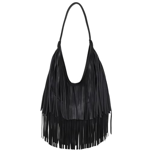 NIGEDU Fringe Hobo Shoulder Bag Vegan Leather Layered Tassel Women Purse Bags (Black)