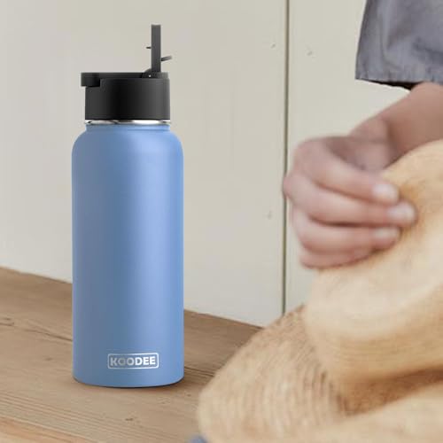 Image of koodee Water Bottle with Straw 32 oz Stainless Steel Double Wall Vacuum Insulated Wide Mouth Water Flask-Reusable Metal Sports Water Bottle for Men (Royal Blue)