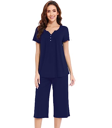 WiWi Soft Viscose from Bamboo Pajamas for Women Short Sleeve Pajama Sets with Capri Pants Pjs Comfy Loungewear S-XXL