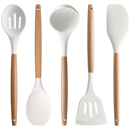IOCBYHZ Silicone Kitchen Utensils Set of 5, Cooking Utensil Set with Heat Resistant Wooden Handle Non-Stick Silicone Spatula Spoon Turner Ladle, BPA FREE Cooking Kitchen Gadgets for Cookware & Baking by IOCBYHZ - Used condition - US$25.93
