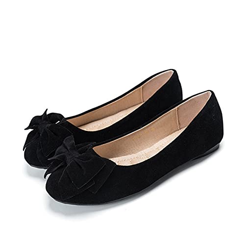 Henoo Women's Round Toe Slip On Flats,Elegant Solid Bow Flats Shoes,Comfortable Suede Large Size Women's Shoes,Black-9