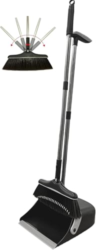 Long Handled Dustpan and Brush Broom and Dustpan Set Household Dust pan Combo with 54 Inch Handle for Indoor Outdoor Household Cleaning and Sweeping (Black)