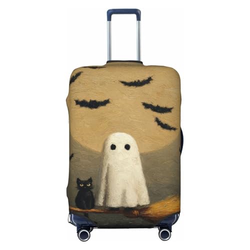Cute Ghost White Cat Sitting On Broom Elastic Travel Luggage Covers Dustproof Scratch-Resistant Suitcase Protector Fit 22-24 Inch