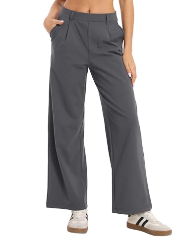 Oyamiki 7/8 Hose Damen Weite Stoffhose Freizeithose Kurzgröße Herbst Hohe Taille Business Elegante Damenhose mit Taschen Dunkelgrau S