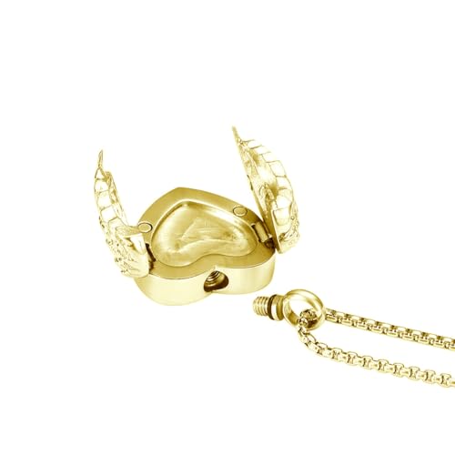 14K Gold Angel Wing Urn Necklace for Ashes that Hold Picture, 10K 14K 18K Real Gold Heart Cremation Necklace with Photo Locket, Custom Personalized Keepsake Necklace for Women Mom2