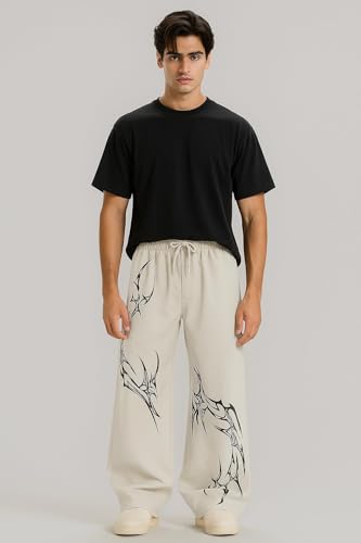 Image of Aesthetic Flame Print Wide Leg Pants for Men | Oversized Gothic Streetwear Trousers | Black Baggy Track Pants with Fire Design | Trendy Hip Hop Bottoms