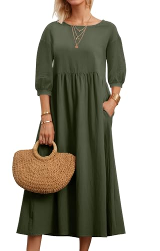 Womens Linen Cotton Dresses Solid 3/4 Sleeves Maxi Casual Dress with Pocket