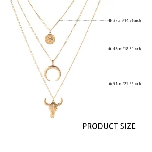 Women's Vintage Western Layered Necklaces Evil Eye Bull Head Crescent Moon Layered Necklace Boho Cowboy Cowgirl Geometric Pendant Chain Necklace Fashion Jewelry Gifts for Women2