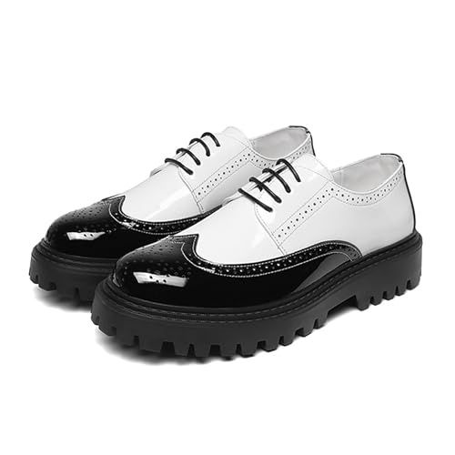 Men's Leather Lace up Platform Brogue Formal Oxford Shoes,Retro Lace up Color Matching Perforation Comfortable Round Toe Outdoor Party Wedding Night Club Height Increasing Loafers