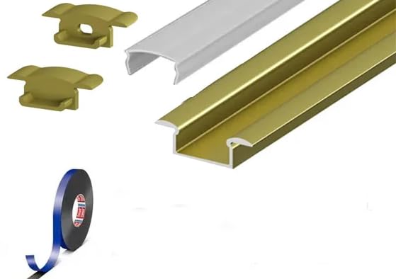 2 Metre Recessed Gold/Brass LED Profile P6-1 C/W Clips, End Caps & Opal Cover | Perfect for Bedroom, Stairs, Hallway, Kitchen, Cabinet (15mm x 6.2mm)
