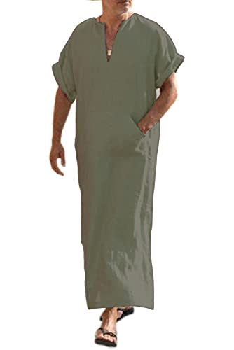 Coofandy Men's V-Neck Linen Robe Short Sleeve Kaftan Thobe Long Gown Casual Shirt For Beach, Summer Olive Green #TOP9