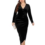 TINSTREE Womens Plus Size Long Sleeve Velvet Bodycon Dresses Sexy Ruched Wrap Deep V Neck Party Cocktail Dress Black