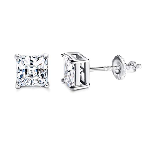 Sllaiss 925 Sterling Silver Swarovski Cubic Zirconia Princess Cut Stud Earrings for Women Men White Gold Plated Screwback Earrings for Birthday Anniversary(3mm)
