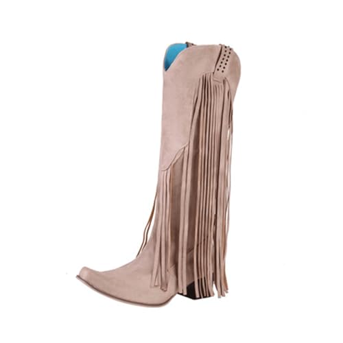 Bottes Hautes de Cow-Girl FGRID en Daim Kaki et Bout Pointu avec Franges