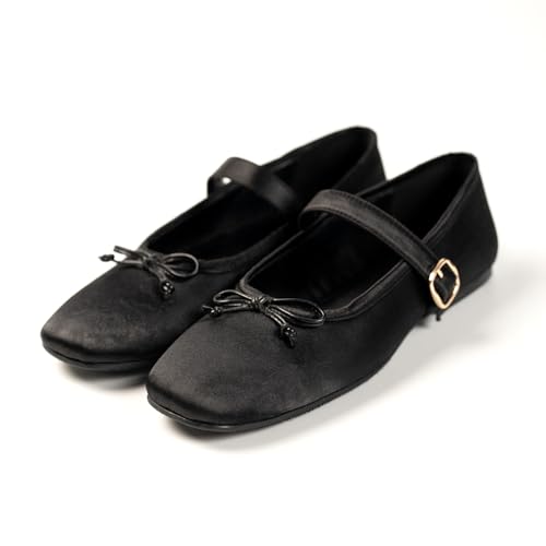 Theater Women Black Mary Jane Flats with Bow | Soft Sole Ballet Shoes with Buckle Strap | Casual & Dressy Comfort Wear