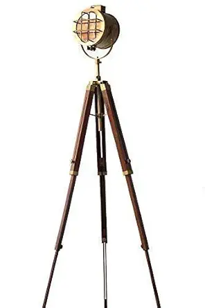 OVERSEAS MART 3 Fold Searchlight Focus Brass Antique Spot Light Floor Lamp Designer Nautical Spotlight Collectible Studio Adjustable Wooden Tripod Floor Lamp for Home, Living Rooms(60 inch)