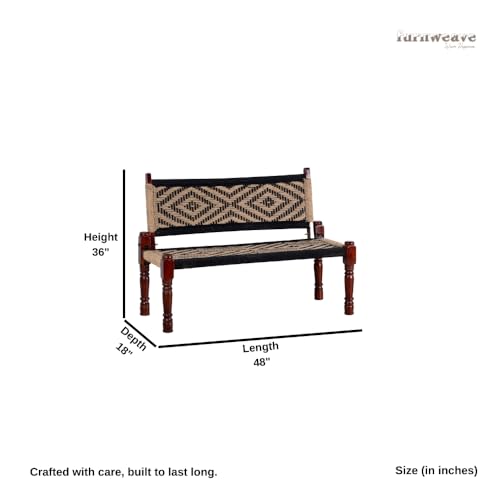 Image of Srima Wooden Bench for Living Room | Handcrafted Sheesham Wood Backrest Bench for Balcony & Garden | Traditional Rajasthani Patio for Outdoor with Cotton Handwoven Rope | Beige and Black