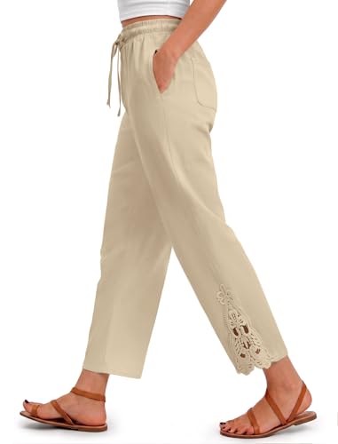 FireSwan Women's Linen Pants Drawstring Elastic Waist Summer Beach Casual Cropped Pants with Pockets Khaki — Amazon listing image