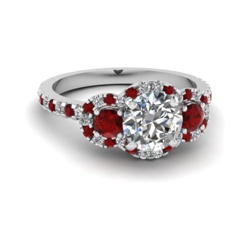 Image of 55Carat Choose Your Gemstone Delicate 3 Stone Halo Diamond CZ Ring Sterling Silver Round Shape Halo Engagement Rings Everyday Jewelry Wedding Jewelry Handmade Gifts for Wife US Size 4 to 12