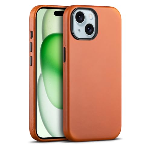 maogoam for iPhone 15 Plus Case Leather, Genuine Vegetable-Tanned Leather Case for iPhone 15 Plus 6.7",Compatible with MagSafe, Elegant Style, Orange